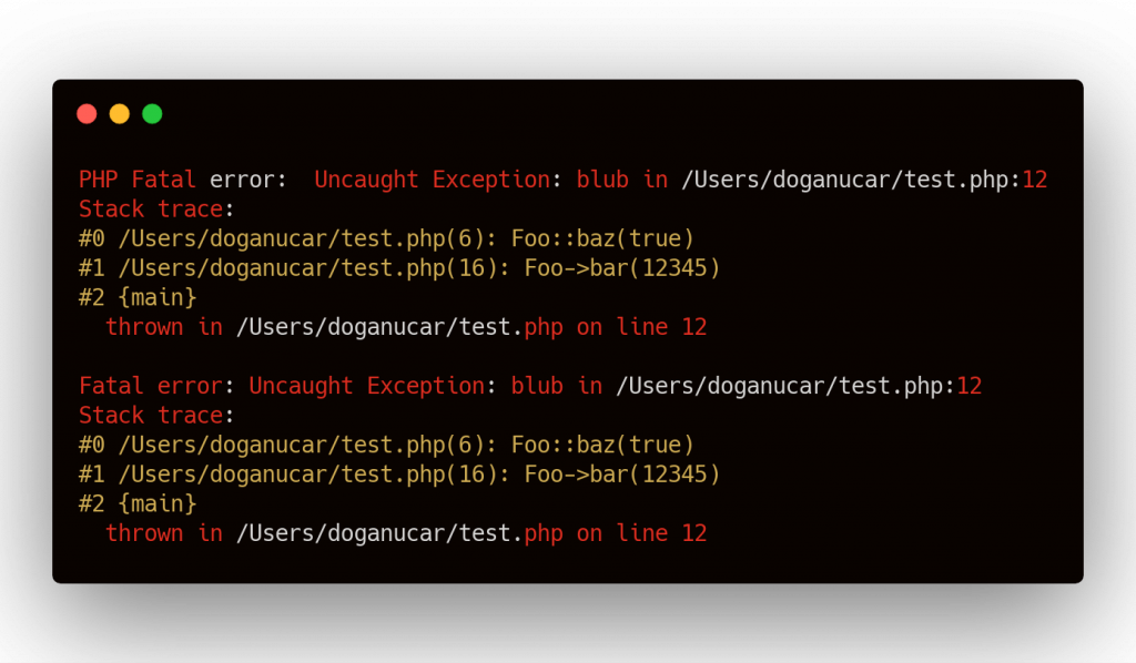 PHP exception stacktrace displayed in a code carbon screenshot